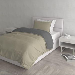 Italian Bed Linen Natuurlijke kleur Dekbedovertrek Set met Doubleface Effen Kleur Tas Sheet en Kussensloop, 100% Katoen, Taupe/Donkergrijs, enkel