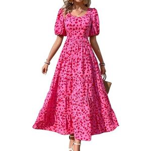 PRETTYGARDEN Damesjurken 2024 pofmouwen bloemen casual zomerjurken gesmokt rugloos strand vloeiende gelaagde maxi-jurk, F-rose Rood, XL