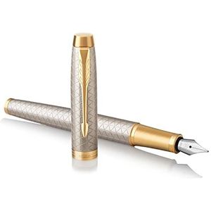 Parker IM-vulpen, pendikte F, navulpatroon Geschenkdoos. Geschenkbox Premium warm zilver gouden trim