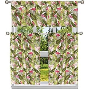 Duck River textiel gordijnen en volants flamingo-set, met palmen, natuurlijke print, wit-multi, 29 x 36 (2 stuks), 58 x 15