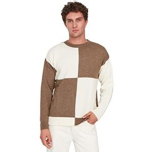 Trendyol Heren Crew Neck Colorblock Regular Sweater Sweatshirt Camel-Ecru, S, Kameel-ecru, S