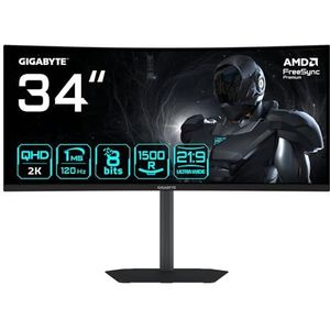 Gigabyte GS34WQCA 34 inch WQHD Curved Gaming Monitor - 3440 x 1440, 1500R, 120Hz, 1ms, 300CD/m², FreeSync Premium, HDR Ready, HDMI 2.0, DisplayPort 1.4