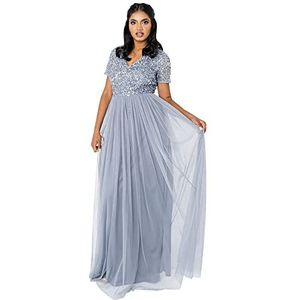 Maya Deluxe Dames jurk voor bruiloft gast plus size rijk hoge taille pailletten korte mouw avond bruidsmeisje, Blauw, 44