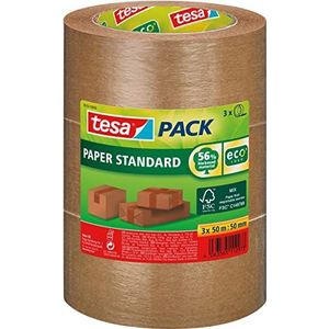 tesapack Paper Standard - Milieuvriendelijke Papieren Verpakkingstape, 56% Biologische Materialen - Efficiënt en Recyclebaar - Bruin - 3x 50 m x 50 mm