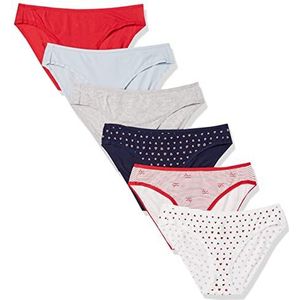 Amazon Essentials Dames katoenen bikini slip ondergoed (verkrijgbaar in grote maten), pak van 6, blauw/grijs heather/marine harten/rood/streep/wit, X-Small