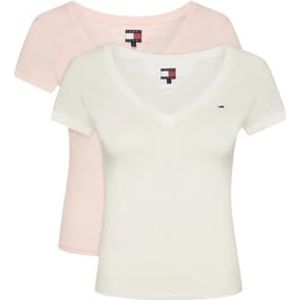 Tommy Jeans Dames TJW 2PACK V-NECK TEE S/S T-Shirt, Multi, XXS, Multi (Ecru/Kostbaar Roze), XXS