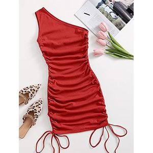One Shoulder Ruches Knoop Side Bodycon Jurk (Kleur: Rood, Maat: Small)