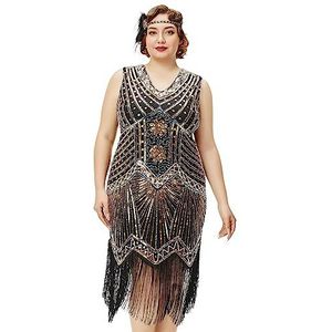 BABEYOND Grote maten, flapper jurken, jaren 1920 V-hals, kralen, franjes, Great Gatsby-jurk, Goud, XXL