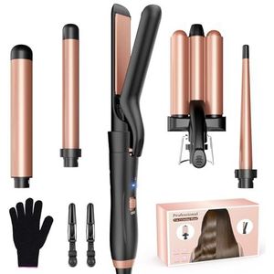 BESTOPE MIX Krultang, haarkrultang met stijltang, krultang, 3 vellen, antistatische keramische golven voor haar met instelbare temperatuur, snelle opwarming, roségoud 5-in-1