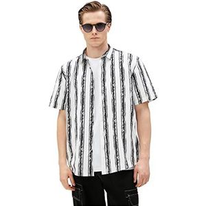 Koton Herenshirt met korte mouwen, Psychedelisch bedrukt, klassieke hals, katoenen shirt, Black Stripe (9s9), L