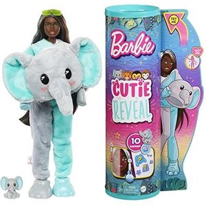 Barbie Poppen en Accessoires, Cutie Reveal pop met zacht olifantenpak en 10 verrassingen, waaronder kleurverandering, Jungle-serie, HKP98