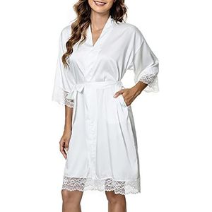 Tuopuda Badjas voor dames, satijnen kimono ochtendjas zomer, nachthemd kant met zakken, korte badjas met riem, bloemenkant, nachtkleding, feestelijke nachtkleding, bruiloft, bruid, bruidsmeisjes, wit, S