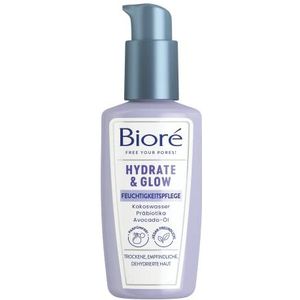 Bioré Hydrate en Glow – Hydraterende verzorging – inhoud: 100 ml – huidtype: droog, gevoelig, gedehydrateerd – met kokoswater, prebiotica en avocado-olie