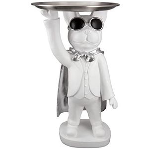 Casablanca Decoratiefiguur, sculptuur van kunsthars, Franse buldog met dienblad, wit, zilver, geschenk, tafeldecoratie, sleutelrek, hoogte 31 cm