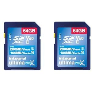 Integral 64 GB 2-pack UHS-II SD-kaart V60 Tot 280 MBs lezen en 100 MBs schrijfsnelheid 1733X SDXC Professionele hoge snelheid geheugenkaart