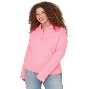 Trendyol Vrouwen Plus Size Regular Double-Breasted Polo Neck Knitwear Plus Size Jumper, roze, 5XL