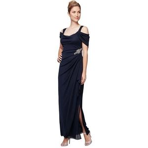 Alex Evenings Women's Long Cold Shoulder Dress, Mother of The Bride, Formal Events Regular Sizes, Beaded Navy, 14 Petite
