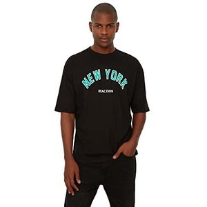 Trendyol Men's Black T-shirt voor heren, oversize fit, 100% katoen, ronde kraag, korte mouwen, print, klein