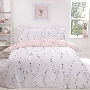 Sleepdown Willow Floral Blush Roze Ultra Soft Easy Care Hypoallergeen Gedrukt Wit Omkeerbaar Dekbedovertrek Quilt Beddengoed Set met Kussensloop - Eenpersoons (135 cm x 200 cm)