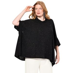 Ulla Popken Dames grote maten plus size shirt, glittereffect, oversized, rolkraag, halve mouwen, zwart, 58/64