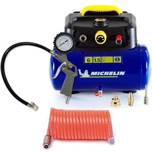 Michelin MBL6 draagbare luchtcompressor, 6 liter olievrije luchtcompressor, ingebouwde drukmeter + Kit (inflatiepistool, spiraalslang en 3 spuitmonden inbegrepen)