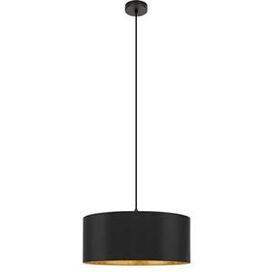 EGLO Hanglamp Zaragoza, pendellamp boven eettafel, textiel lamp hangend voor woonkamer en eetkamer, eettafellamp met stoffen lampenkap in zwart en goud met decor, E27 fitting, Ø 53 cm