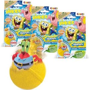 INKEE SpongeBob badbruisballen om te verzamelen, 3 x badbruisballen van 80 g met burgerrubber-aroma en jojoba-olie, turquoise of geel