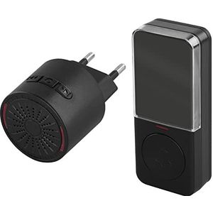 EMOS Mini-deurbel en knop, 10 melodieën, 150 m bereik, 5 volumeniveaus (0-85 dB), zwarte miniatuurbel, batterij-aangedreven waterdichte knop, extra knop te bestellen