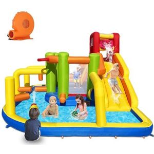 Baralir Springkasteel XXL met waterglijbaan en ventilator, ideaal voor tuin, perfect speelhuis voor kinderen, outdoor, veilige speelplaats-ervaring