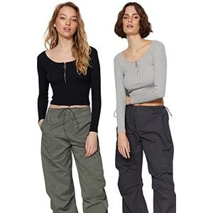 Trendyol Dames zwart-grijs 2-pakket gebreide blouse blouse, zwart-grijs, extra klein