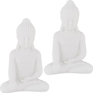 Relaxdays Boeddhabeeld, 17 cm hoog, tuinbeeld, weervast en vorstbestendig, zittende Buddha, woondecoratie, wit