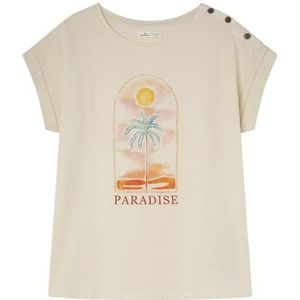 Short SLEEVE T-SHIRT MET GRAFISCHE EN BUTTONS OP SCHULDER, Beige, S