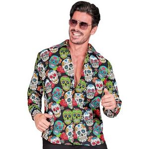 WIDMANN - Shirt Dia de los Muertos, zwart met doodskoppen, Day of the Dead, Mexico, Dag van de Doden, Halloween verkleedkleding