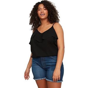 TRENDYOL Damesblouse, grote maten, regular fit, basic V-hals, geweven stof, plus-size blouse, zwart, 46