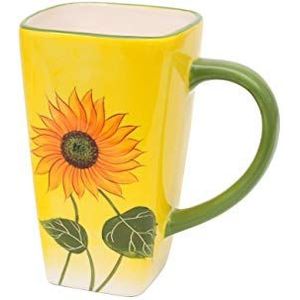 Dekohelden24 Dolomite koffiepot/koffiekop, motief: zonnebloem in geel/groen, afmetingen ca. 10,5 x 7 x 10,5 cm, kop vierkant 10 cm