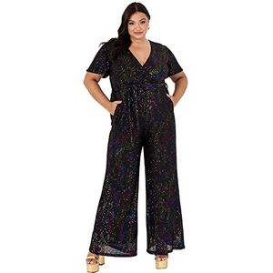 Lovedrobe Dames jumpsuit playsuit zwart pailletten korte mouw diepe hals plus size curve grote en hoge riem, Zwart, 50
