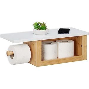 Relaxdays wc rolhouder met plankje, bamboe, reserve, open vak, HxBxD: 17 x 50 x 18 cm, voor aan de muur, natuur/wit