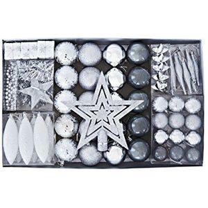 Heitmann Deco kerstboom decoraties - zilver - 60 stuks - Set incl. piek, kerstballen, parelketting, slinger en sterren - plastic