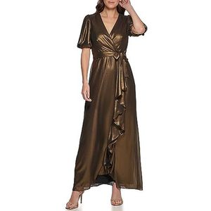 DKNY Women's Foil Chiffon Ruffle Skirt V-Neck Dress, Black/Gold, 12