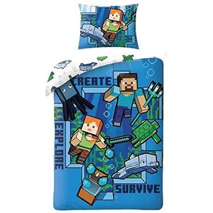 Minecraft Steve Alex Zombie Beddengoed, kinderbeddengoed, 2-delige set: dekbedovertrek 140 x 200 cm + 1 kussensloop, blauw MNC-248BL, Öko-Tex