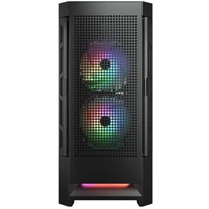 RGB zijtorenbehuizing, geoptimaliseerde ventilatie, twee ventilatoren inbegrepen, elegant design in zwart, ideaal voor gaming en hoogwaardige componenten.
