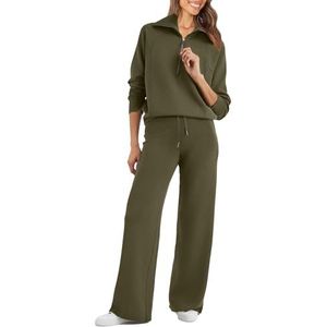 Glamaker 2-delige sweatsuitset voor dames, oversized sweatshirt met halve ritssluiting, joggingbroek met wijde pijpen, loungeset, trainingspak, Leger Groen, L