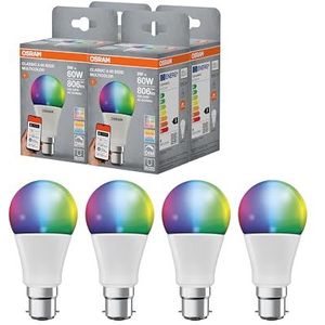 OSRAM SMART+ RGBW, B22d LED-lamp met Matter over Wifi, speciaal ontworpen voor ALEXA - eenvoudige installatie met één klik, vervangt 60W, warm wit tot koel wit (2700-6500K), RGB-kleuren, 4-pack