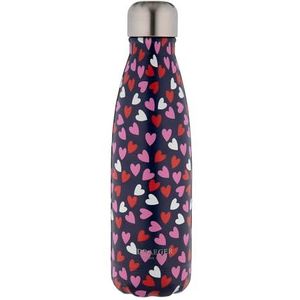 Draeger Paris Drinkfles van roestvrij staal, zwart met roze en rode harten, ecologische inhoud 500 ml, roestvrij staal, houdt dranken warm of koud, 27 cm x 6,5 cm