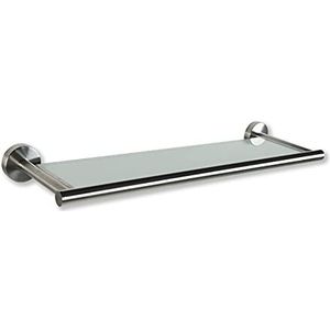 SOSmart24 JUST Silver Badplank zonder boren met gesatineerde glasplaat en roestvrij stalen frame - zilver mat geborsteld - inclusief lijmset - badkamerrek glazen plank wandbord badkamer