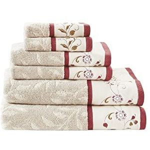 Madison Park Serene 100% katoenen badhanddoekenset luxe bloemen geborduurd katoen jacquard ontwerp, zacht en zeer absorberend voor douche, meerdere maten, rood