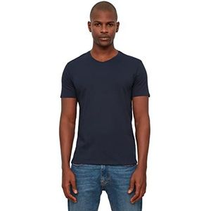 Trendyol Heren Lacivert Basic Slim Fit 100% katoen V-hals korte mouwen T-shirt, Navy, Small