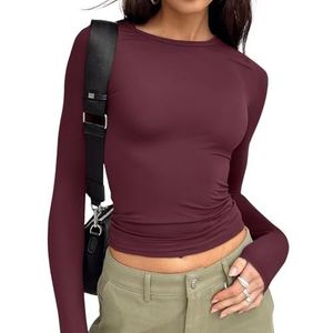Trendy Queen Womens Long Sleeve T Shirts Fall Fashion 2025 Basic Crop Tops Going Out Workout Outfits Y2k Clothes Wine Red S