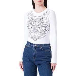 Love Moschino Dames Tight-Fitting Lange Mouwen Rose and Hand Print met Transparant Rhinestones T-shirt, wit (optical white), 38