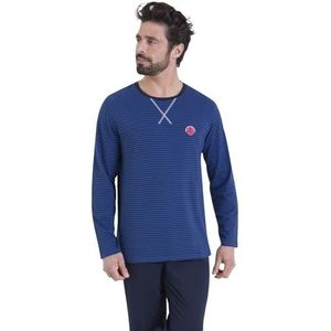 Athena - Lange pyjamaset voor heren, nachtkleding, strepen, jersey, 100% ademend katoen, geverfde draden, T-shirt met lange mouwen + broek, Oeko-Tex®-label standaard 100, Blauwe strepen/marineblauwe